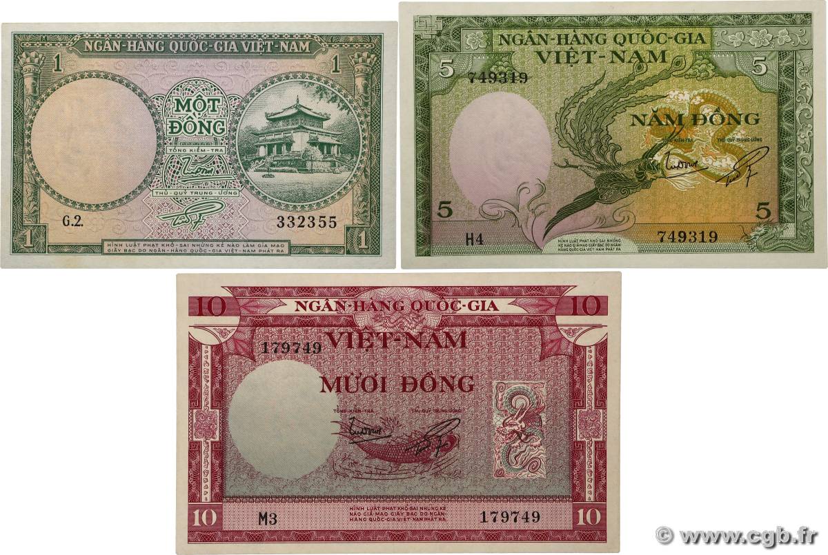 1, 5 et 10 Dong Lot SÜDVIETNAM  1955 P.01a, P.02a et P.03a fST+