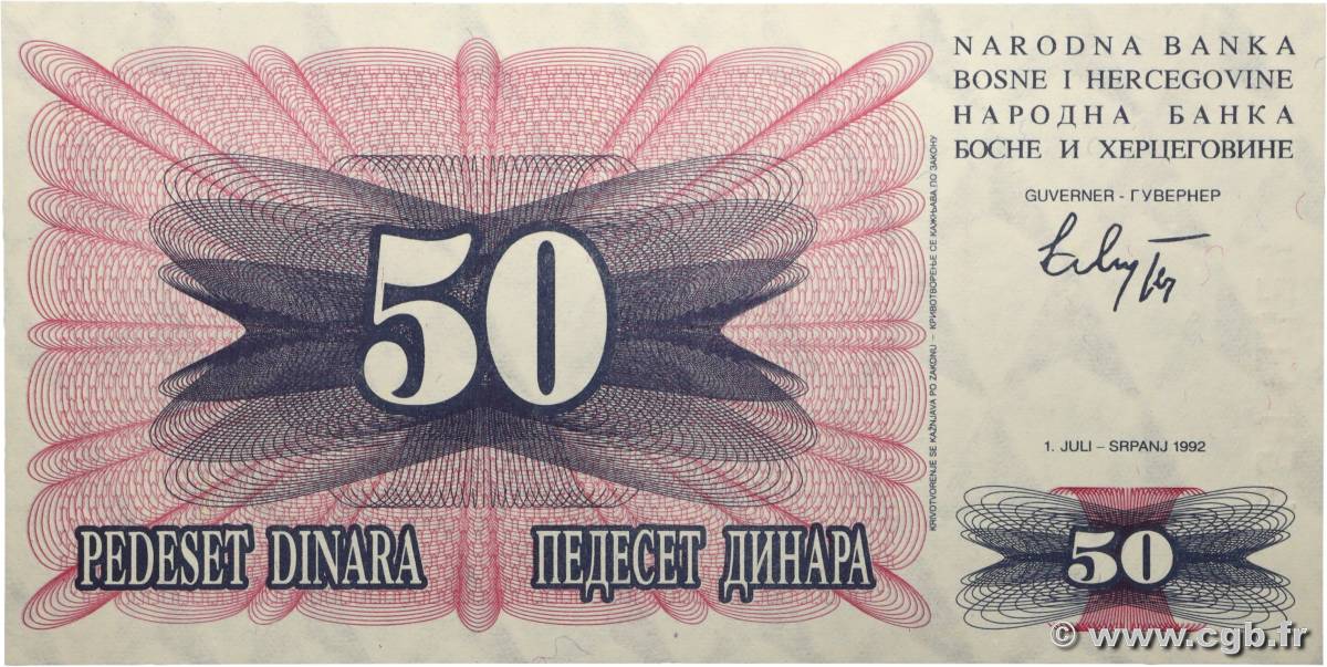 50 Dinara BOSNIA HERZEGOVINA  1992 P.012a UNC