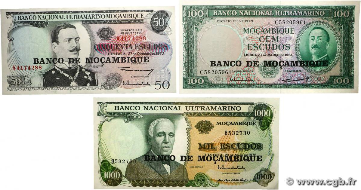 50 à 1000 Escudos Lot MOZAMBIQUE  1976 P.116, P.117 et P.119 UNC-