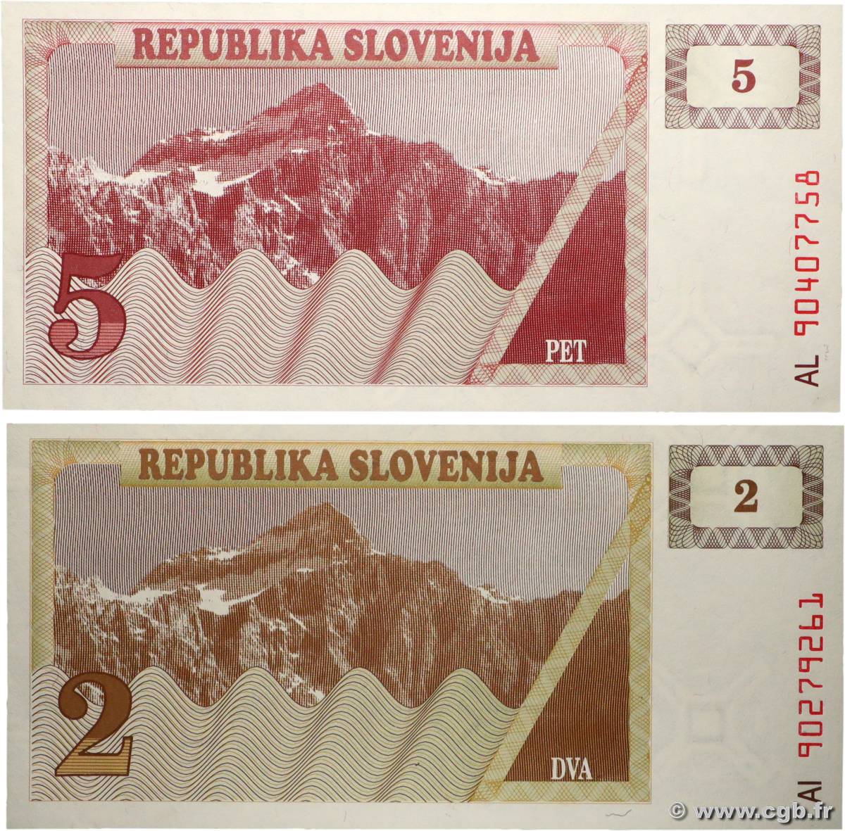 2 et 5 Tolarjev Lot SLOVENIA  1990 P.02a et P.03a UNC