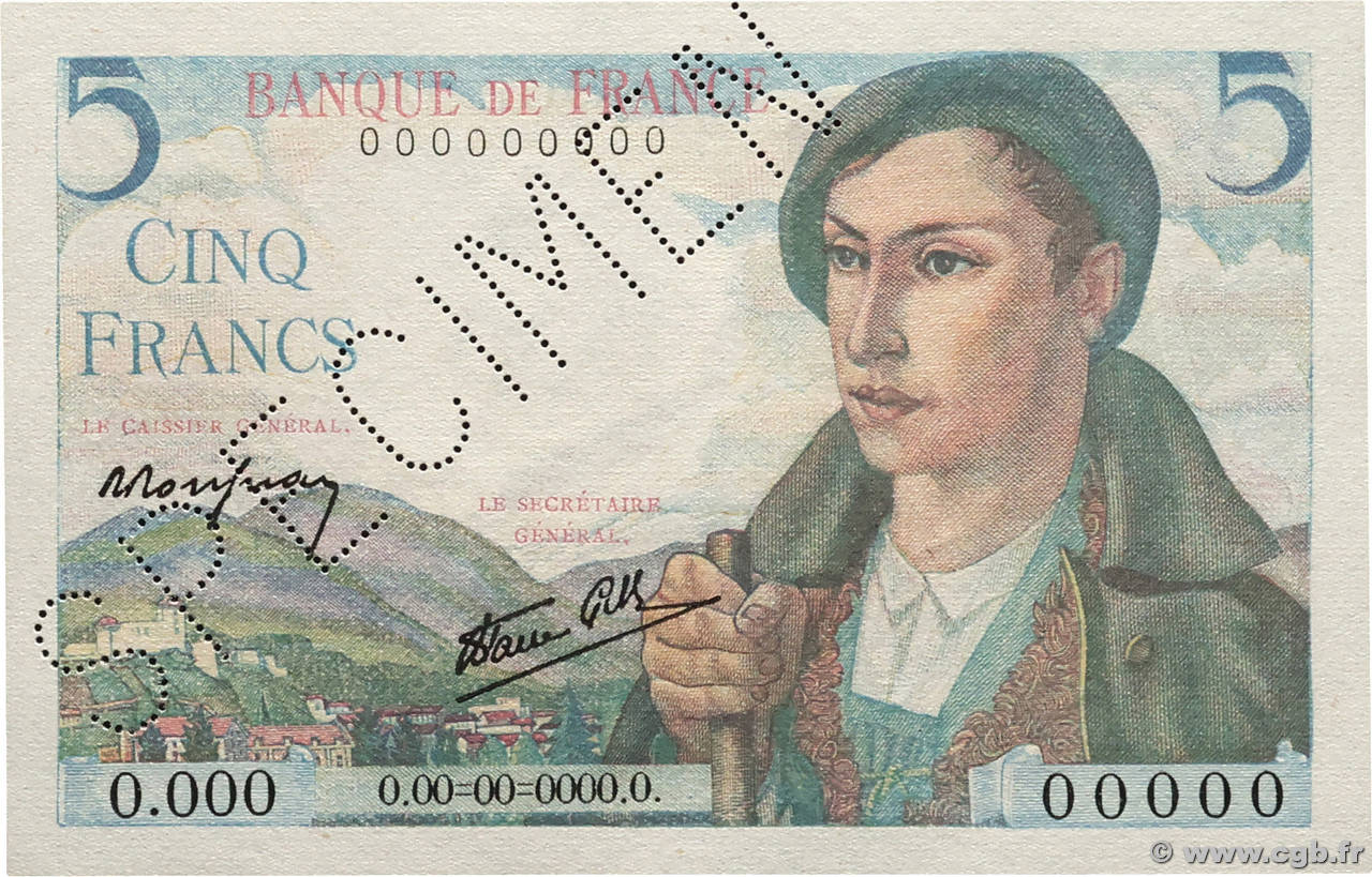 5 Francs BERGER Spécimen FRANCE  1943 F.05.01Sp NEUF