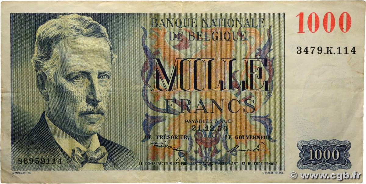 1000 Francs BELGIUM  1950 P.131 VF-