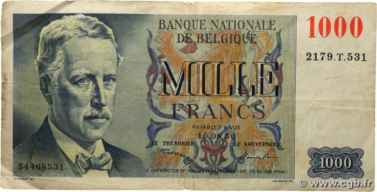 1000 Francs BELGIUM  1950 P.131 F+