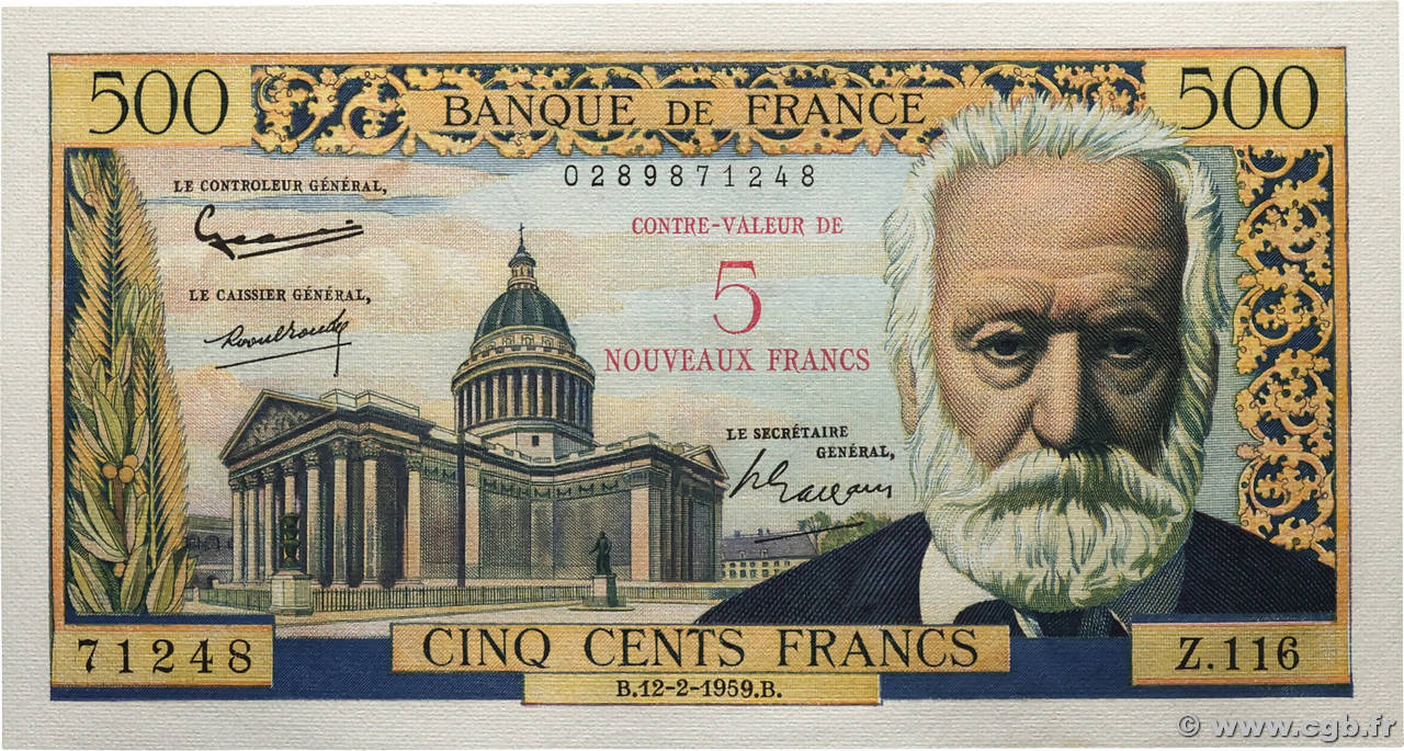 5 NF sur 500 Francs Victor HUGO FRANCE  1959 F.52.02 SUP+