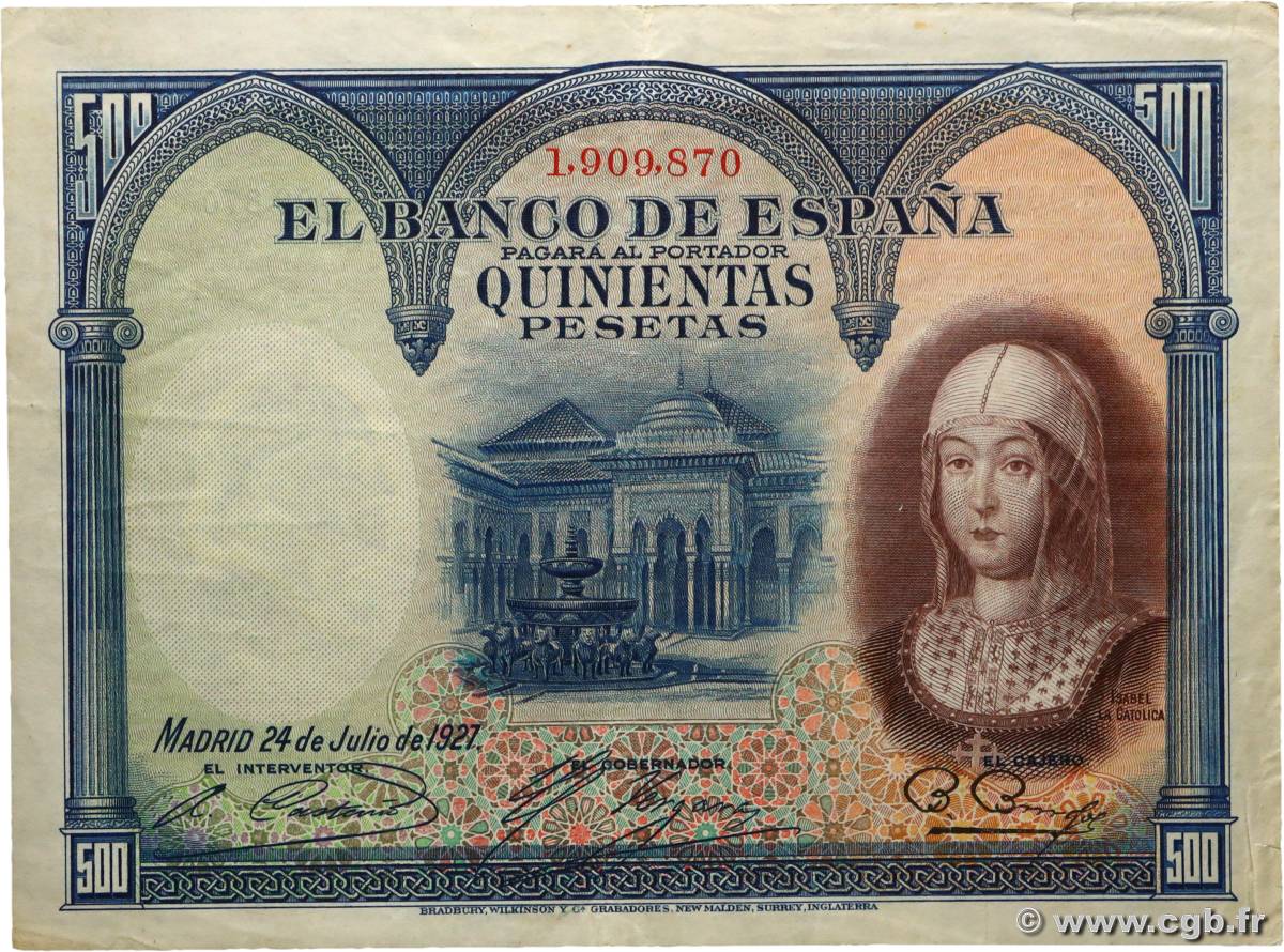 500 Pesetas SPAIN  1927 P.073c VF