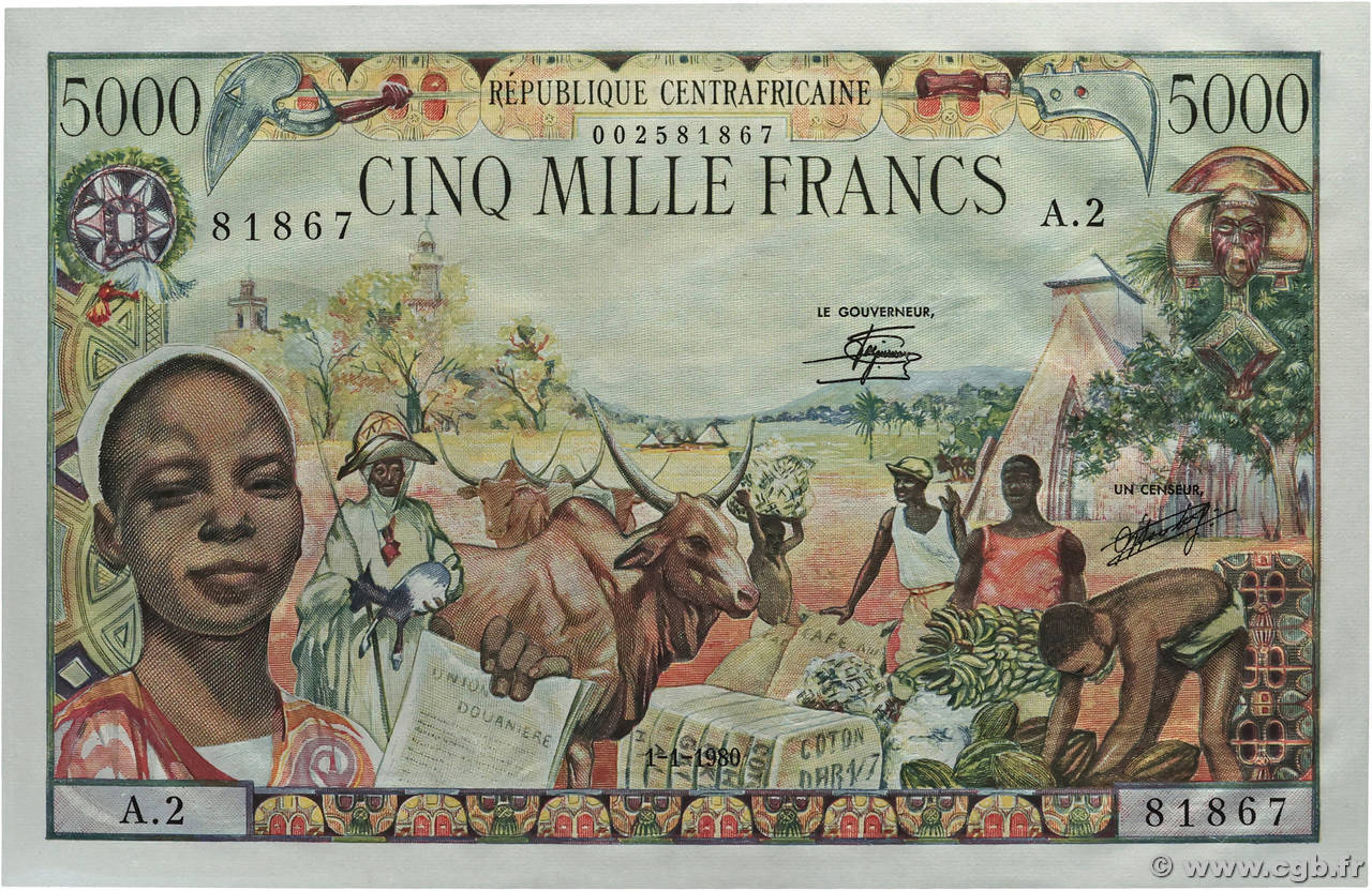 5000 Francs type 1962 ZENTRALAFRIKANISCHE REPUBLIK  1980 A.190a fST+