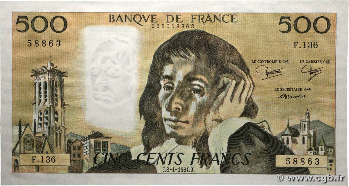 500 Francs PASCAL FRANCE  1981 F.71.23 UNC-