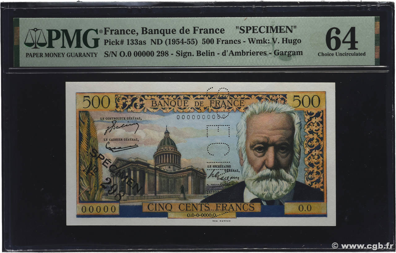 500 Francs VICTOR HUGO Spécimen FRANCE  1954 F.35.01Spn pr.NEUF