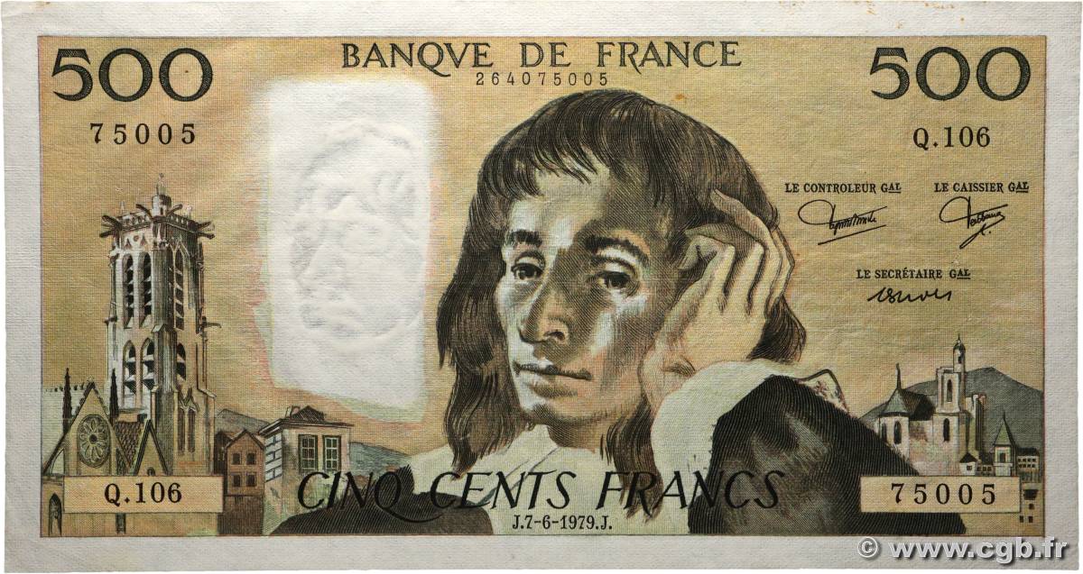500 Francs PASCAL FRANCE  1979 F.71.20 VF