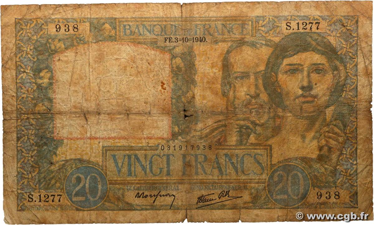 20 Francs TRAVAIL ET SCIENCE FRANCE  1940 F.12.08 G