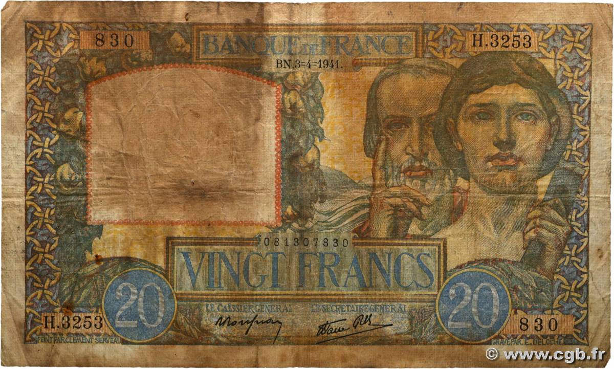 20 Francs TRAVAIL ET SCIENCE FRANCE  1941 F.12.13 G