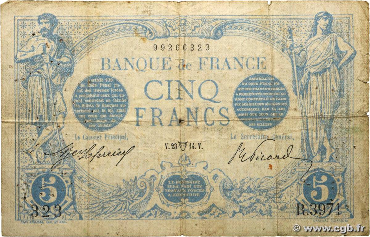 5 Francs BLEU FRANCE  1914 F.02.22 VG