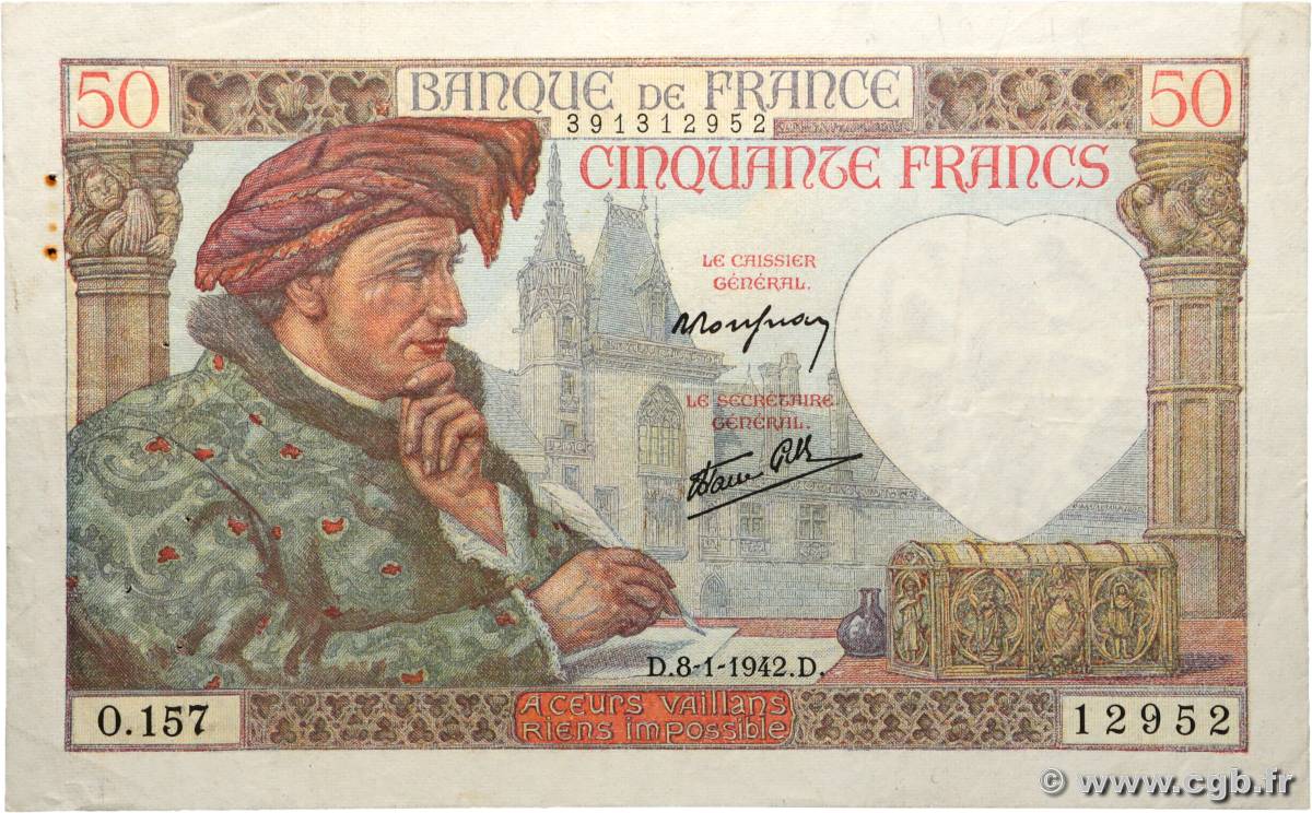 50 Francs JACQUES CŒUR FRANCE  1942 F.19.18 F+