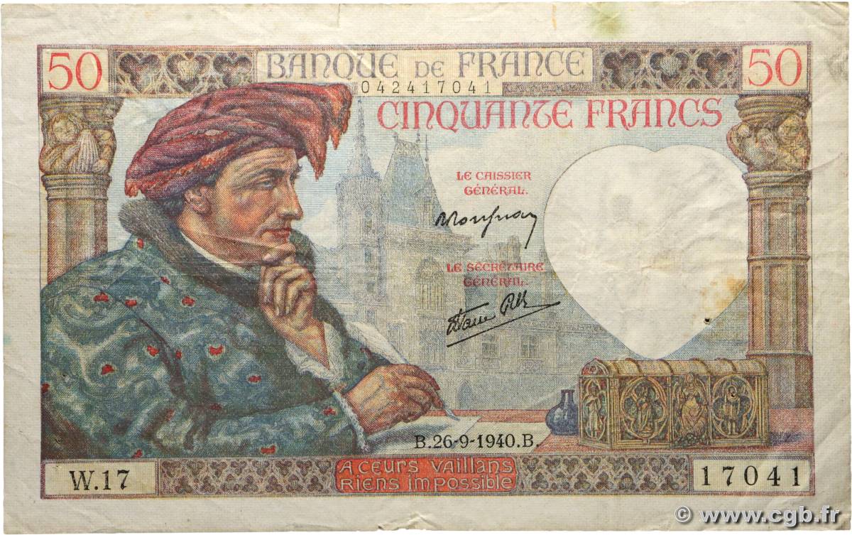 50 Francs JACQUES CŒUR FRANCE  1940 F.19.03 F