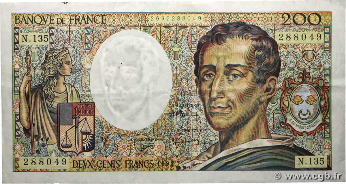 200 Francs MONTESQUIEU FRANCE  1992 F.70.12c VF