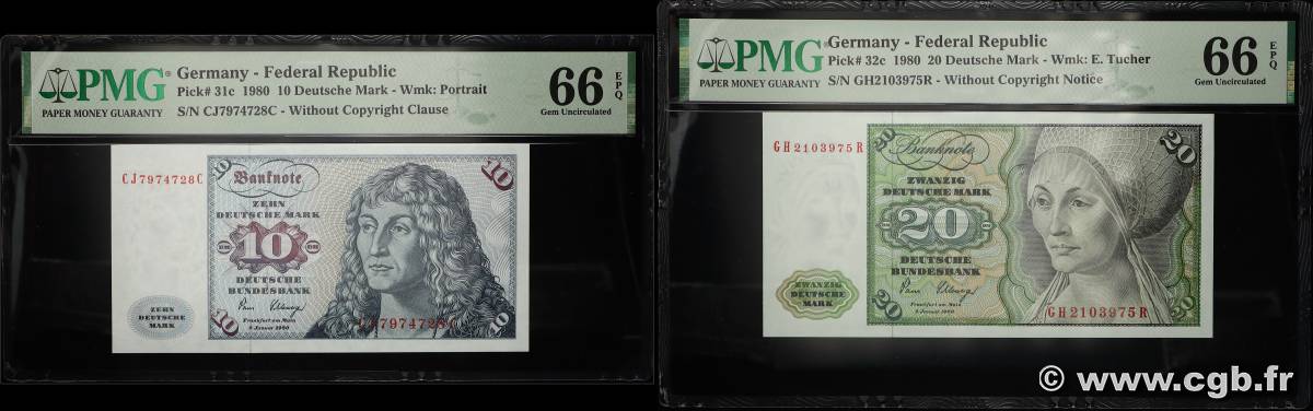 10 et 20 Deutsche Mark Lot GERMAN FEDERAL REPUBLIC  1980 P.31c et P.32c UNC