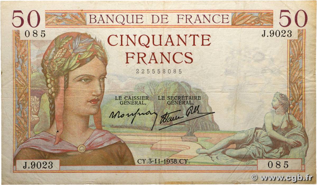 50 Francs CÉRÈS modifié FRANCE  1938 F.18.18 VG