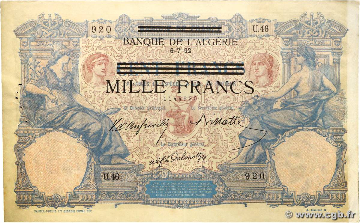 1000 Francs sur 100 Francs TUNISIA  1892 P.31 VF+