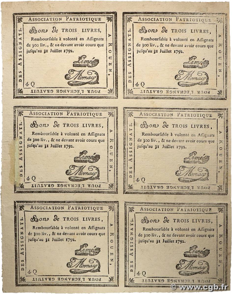3 Livres Planche FRANCE Regionalismus und verschiedenen Rouen 1792 Kc.76.162 fST