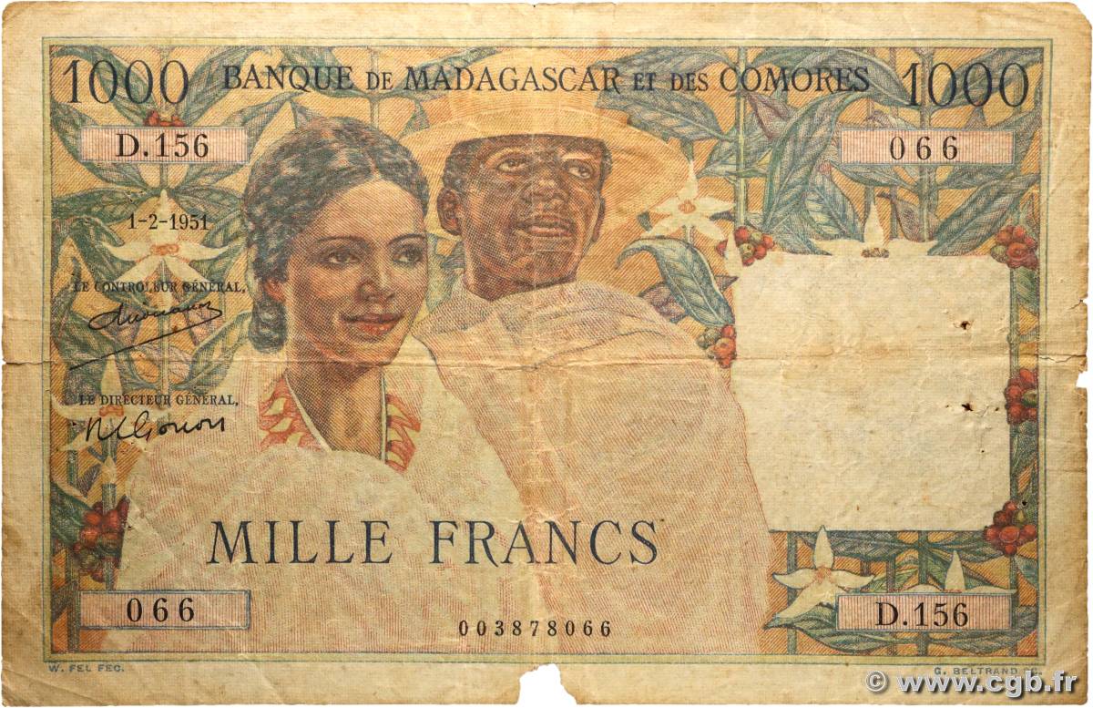1000 Francs MADAGASCAR  1951 P.048a B+