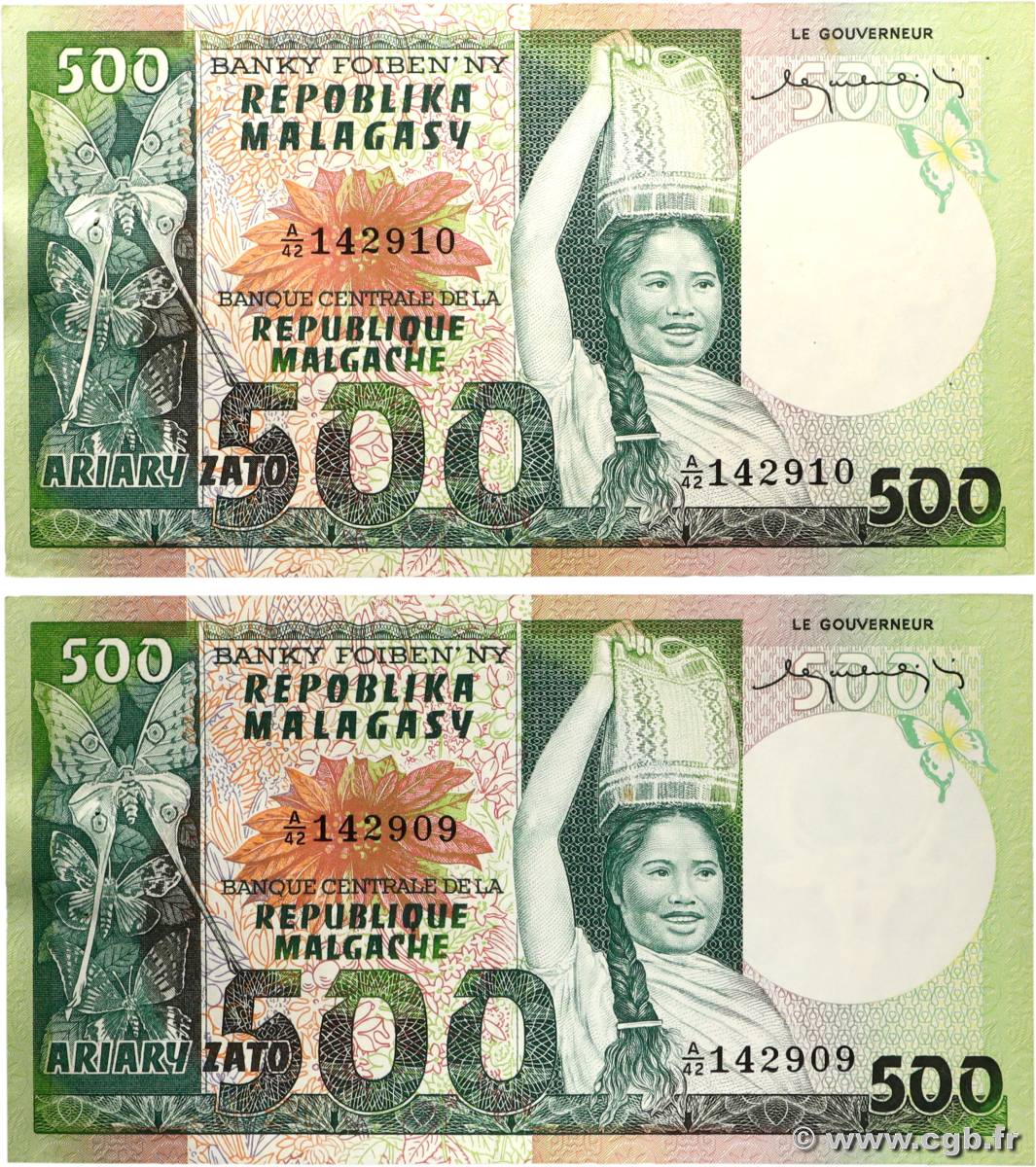 500 Francs - 100 Ariary Consécutifs MADAGASCAR  1974 P.064a AU