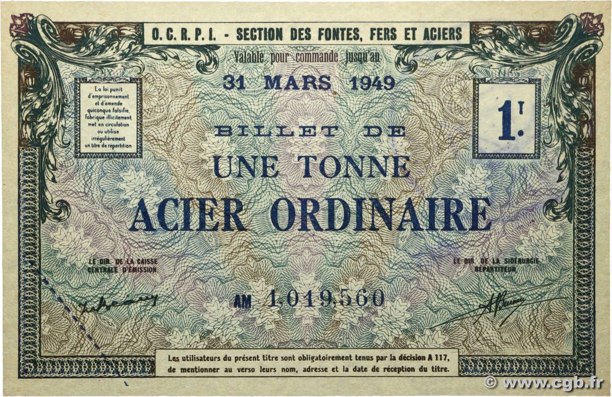 1 Kilo Acier ordinaire FRANCE regionalism and various  1949  UNC-