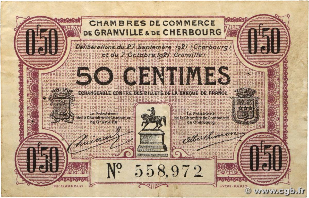 50 Centimes FRANCE régionalisme et divers Granville et Cherbourg 1921 JP.061.05 TB+