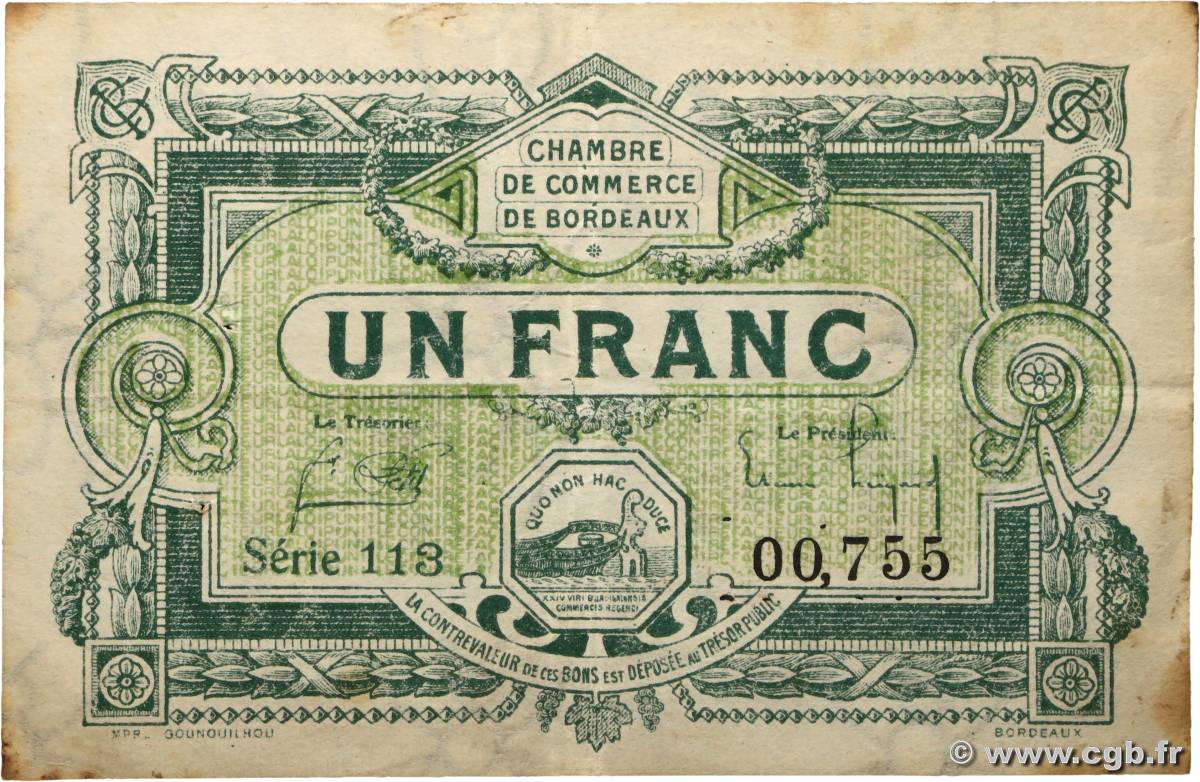 1 Franc FRANCE regionalism and various Bordeaux 1920 JP.030.26 VF