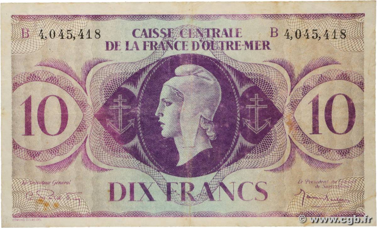 10 Francs Marianne CCFOM FRENCH EQUATORIAL AFRICA  1944 A.125eB F