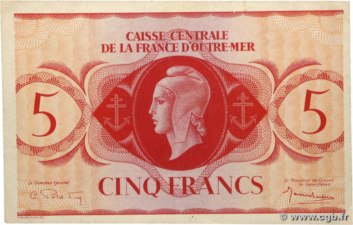 5 Francs Marianne CCFOM AFRIQUE ÉQUATORIALE FRANÇAISE  1946 A.124h VF+