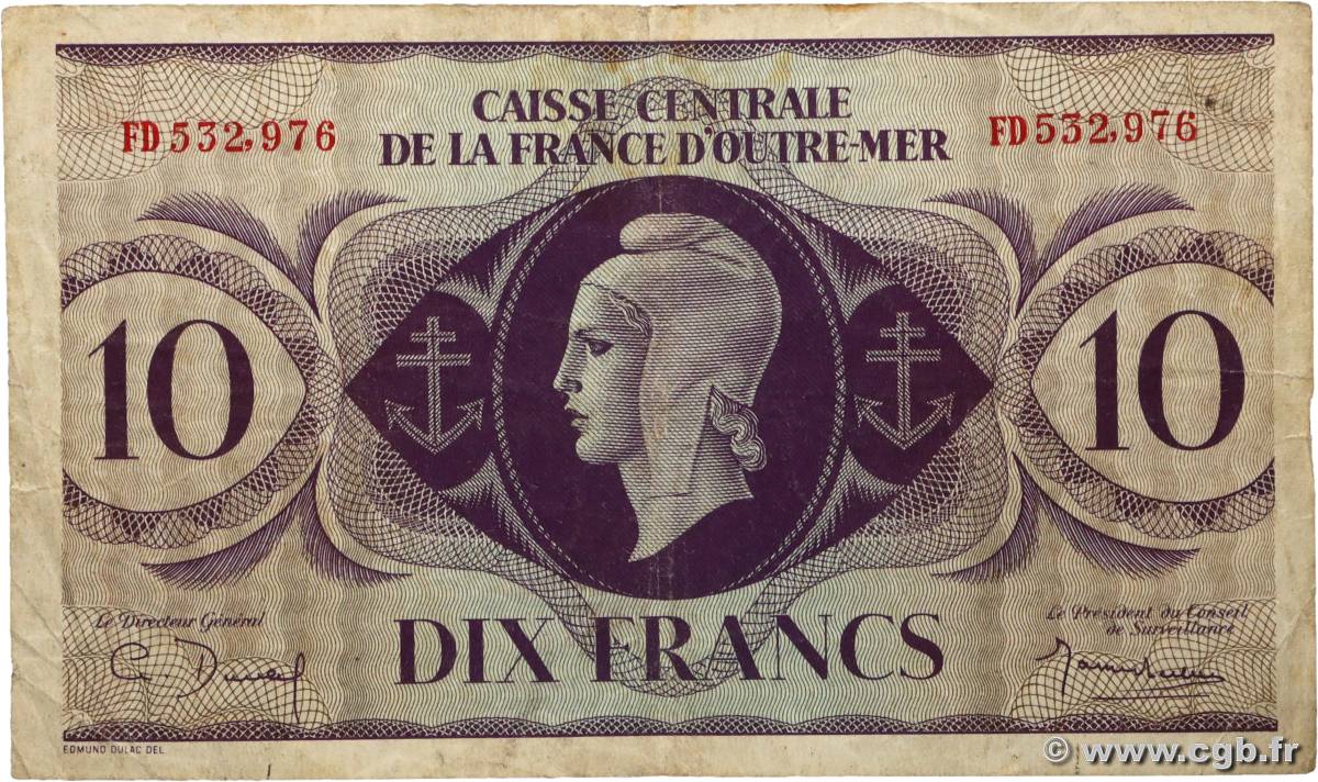 10 Francs Marianne CCFOM FRENCH EQUATORIAL AFRICA  1944 A.125a F
