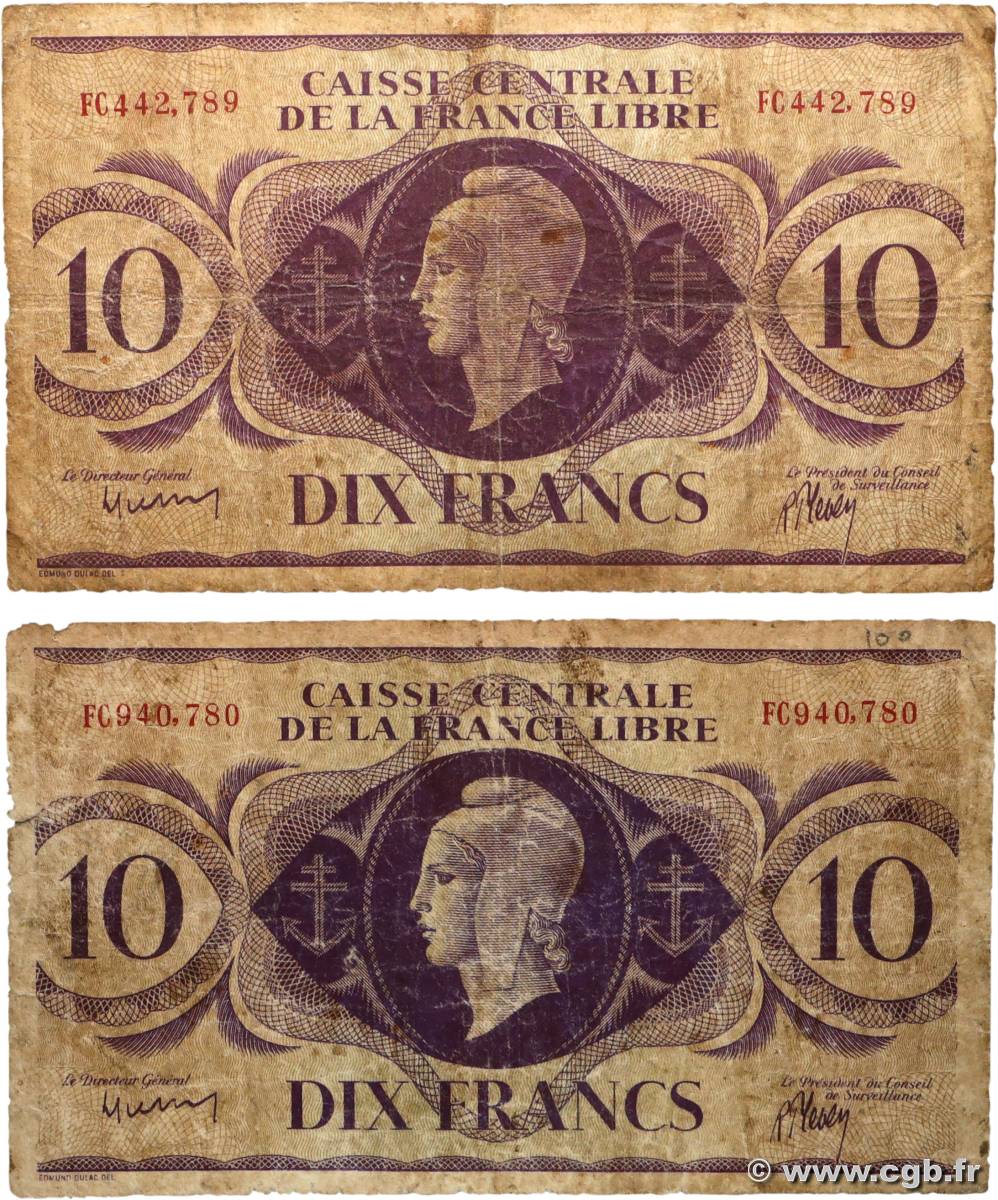 10 Francs Marianne CCFL Lot FRENCH EQUATORIAL AFRICA Brazzaville 1944 A.119b G