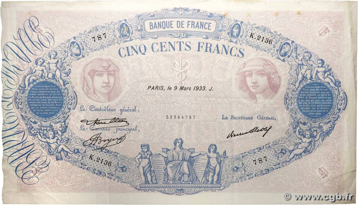 500 Francs BLEU ET ROSE FRANCE  1933 F.30.36 pr.SUP