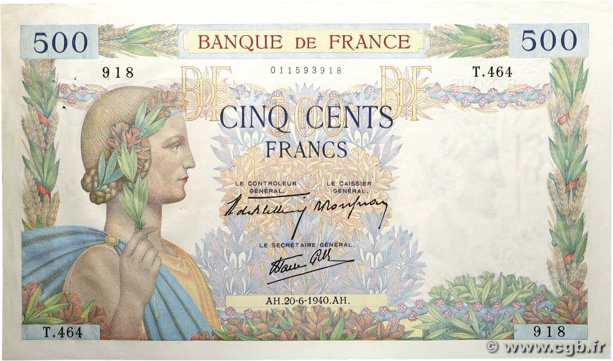 500 Francs LA PAIX FRANCE  1940 F.32.03 pr.SUP