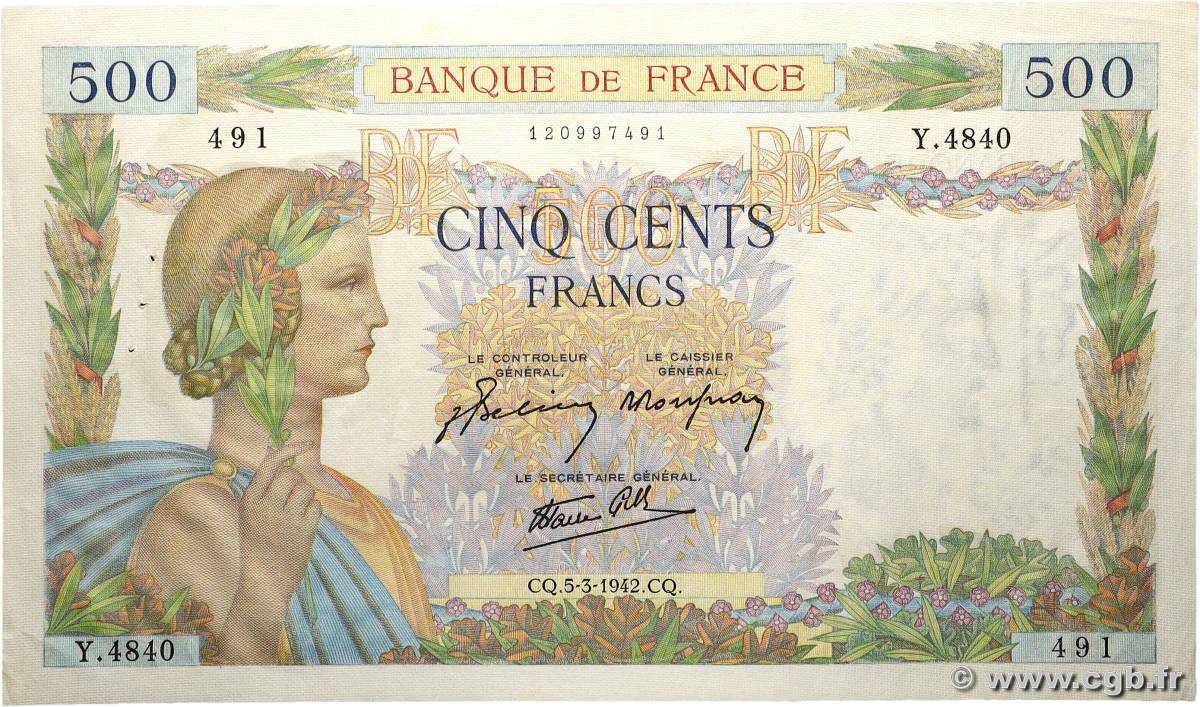 500 Francs LA PAIX FRANCE  1942 F.32.30 pr.SUP