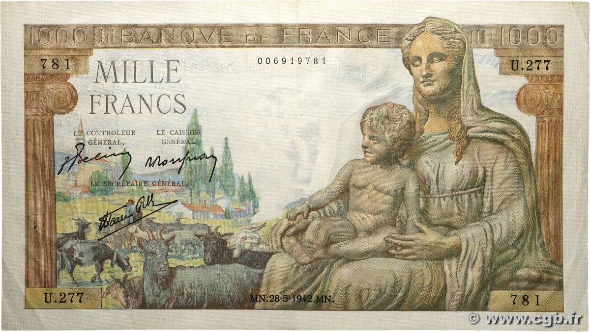 1000 Francs DÉESSE DÉMÉTER FRANCE  1942 F.40.01 XF-