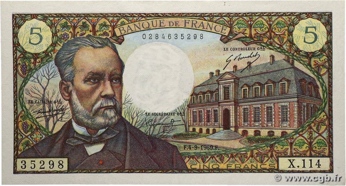 5 Francs PASTEUR FRANCE  1969 F.61.11 XF+