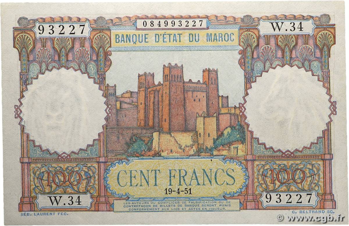 100 Francs MAROKKO  1951 P.45 fVZ