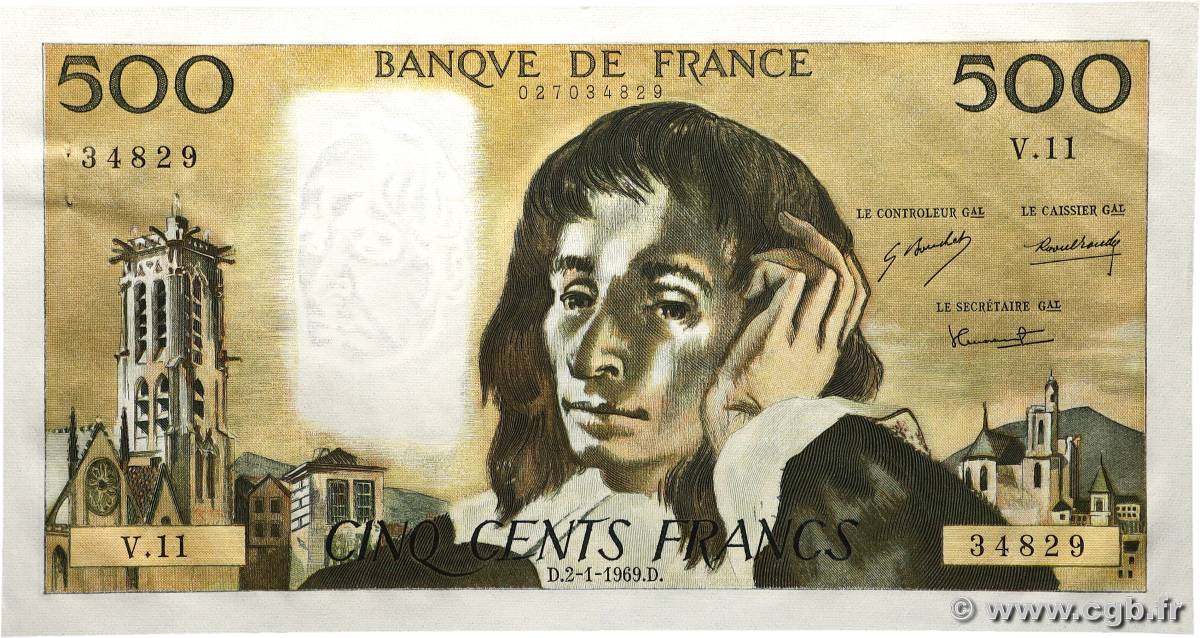 500 Francs PASCAL FRANKREICH  1969 F.71.03 fST