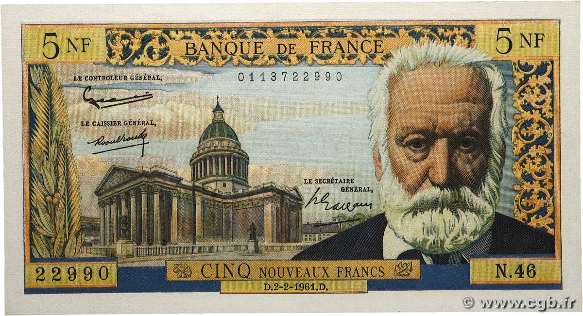 5 Nouveaux Francs VICTOR HUGO FRANCE  1961 F.56.06 SUP