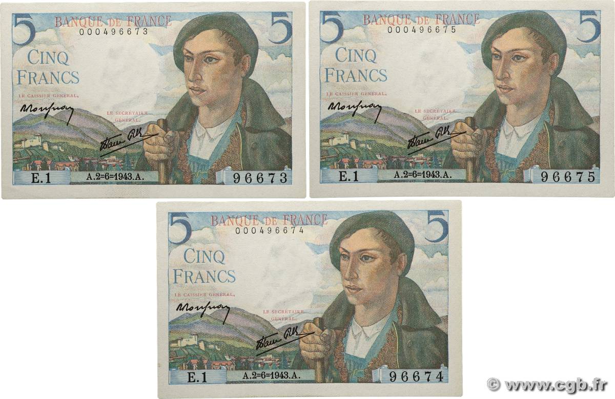 5 Francs BERGER Consécutifs FRANCE  1943 F.05.01 UNC-