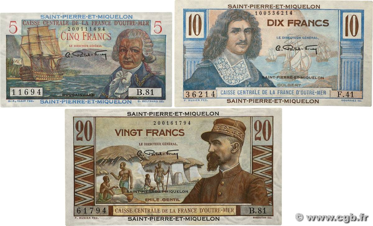 5 Francs Bougainville, 10 Francs Colbert et 20 Francs Émile Gentil Lot SAINT-PIERRE UND MIQUELON  1946 P.22, P.23 et P.24 fST+