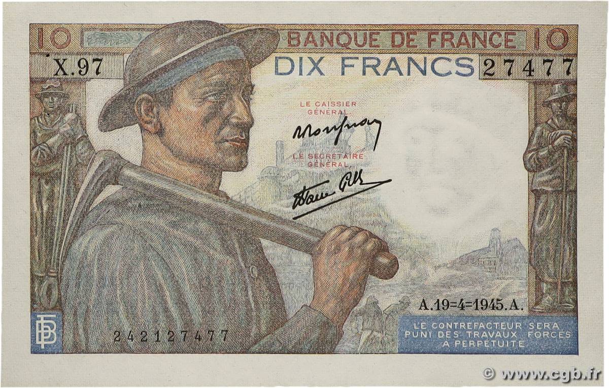 10 Francs MINEUR FRANCE  1945 F.08.13 XF+