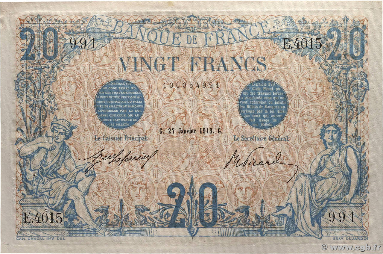 20 Francs BLEU FRANCE  1913 F.10.03a pr.SPL