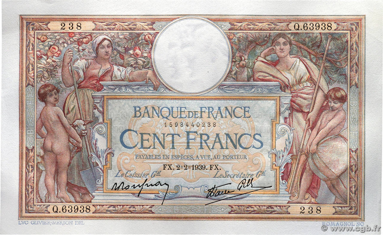 100 Francs LUC OLIVIER MERSON type modifié FRANCE  1939 F.25.41 pr.NEUF