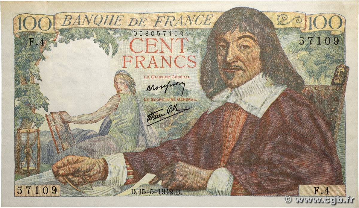 100 Francs DESCARTES FRANKREICH  1942 F.27.01 fST+