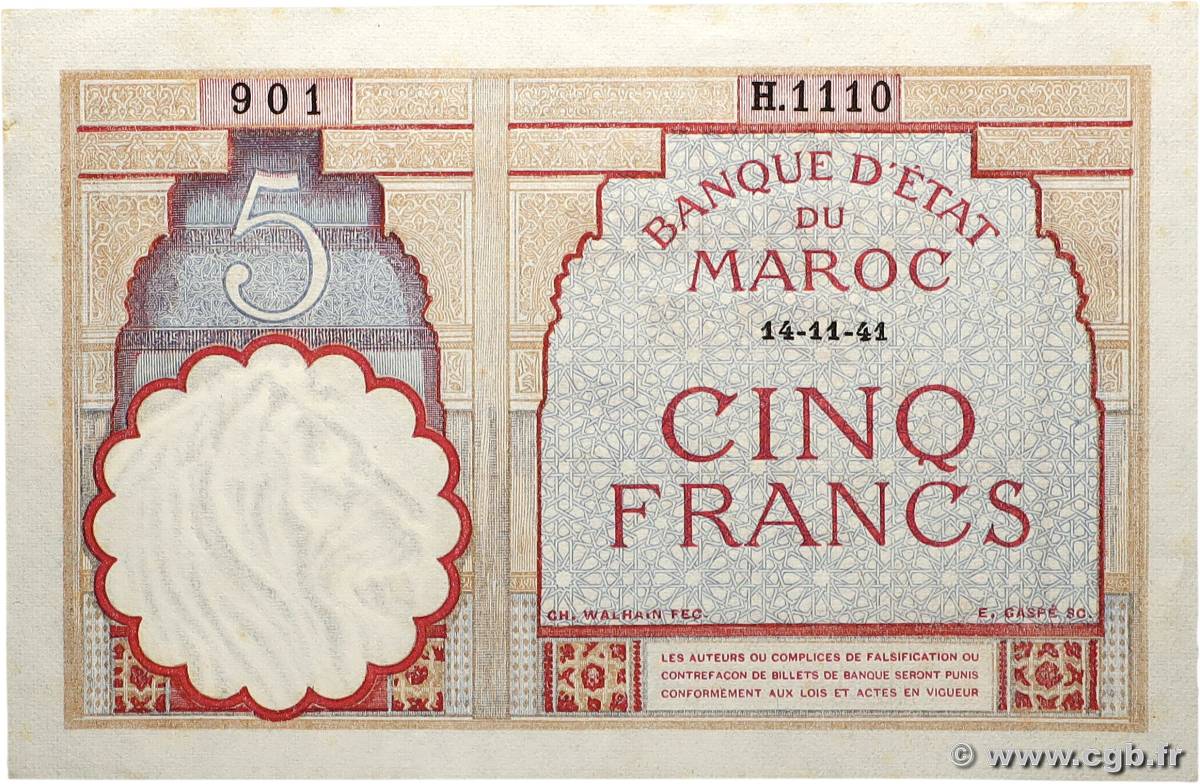 5 Francs MAROKKO  1941 P.23Ab fST