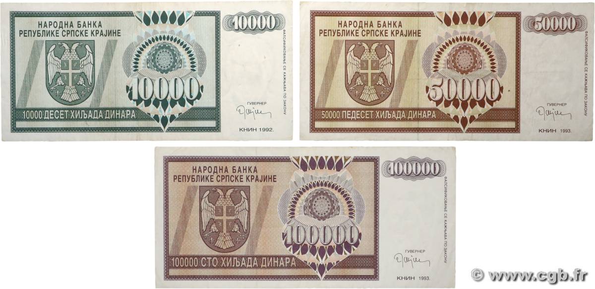 10000 à 100000 Dinara Lot CROATIA  1992 P.R07a, P.R08 et P.R09 F+