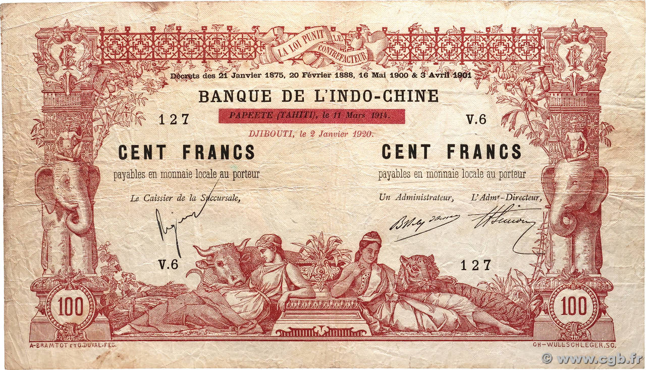 100 Francs DJIBOUTI  1920 P.04 F+