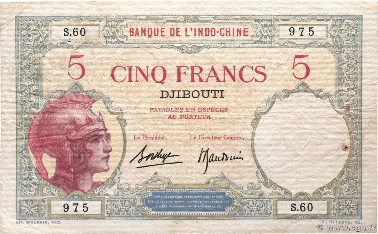 5 Francs DJIBOUTI  1936 P.06b pr.TTB